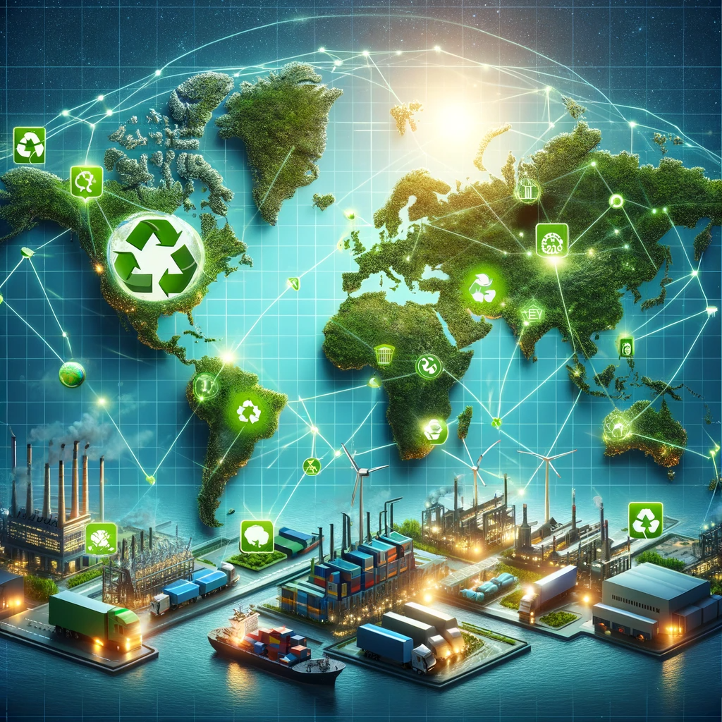 DALL·E 2023-11-10 11.55.59 - A global supply chain network with a focus on sustainability. The image should depict a map of the world with interconnected lines symbolizing global (1)