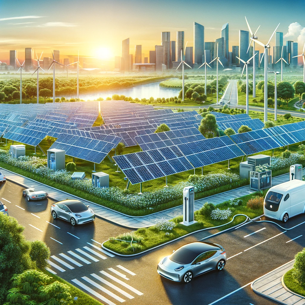 DALL·E 2023-11-10 11.58.18 - A modern landscape featuring solar panels and electric vehicles, symbolizing investments in sustainable technology. The image should depict a sunny da